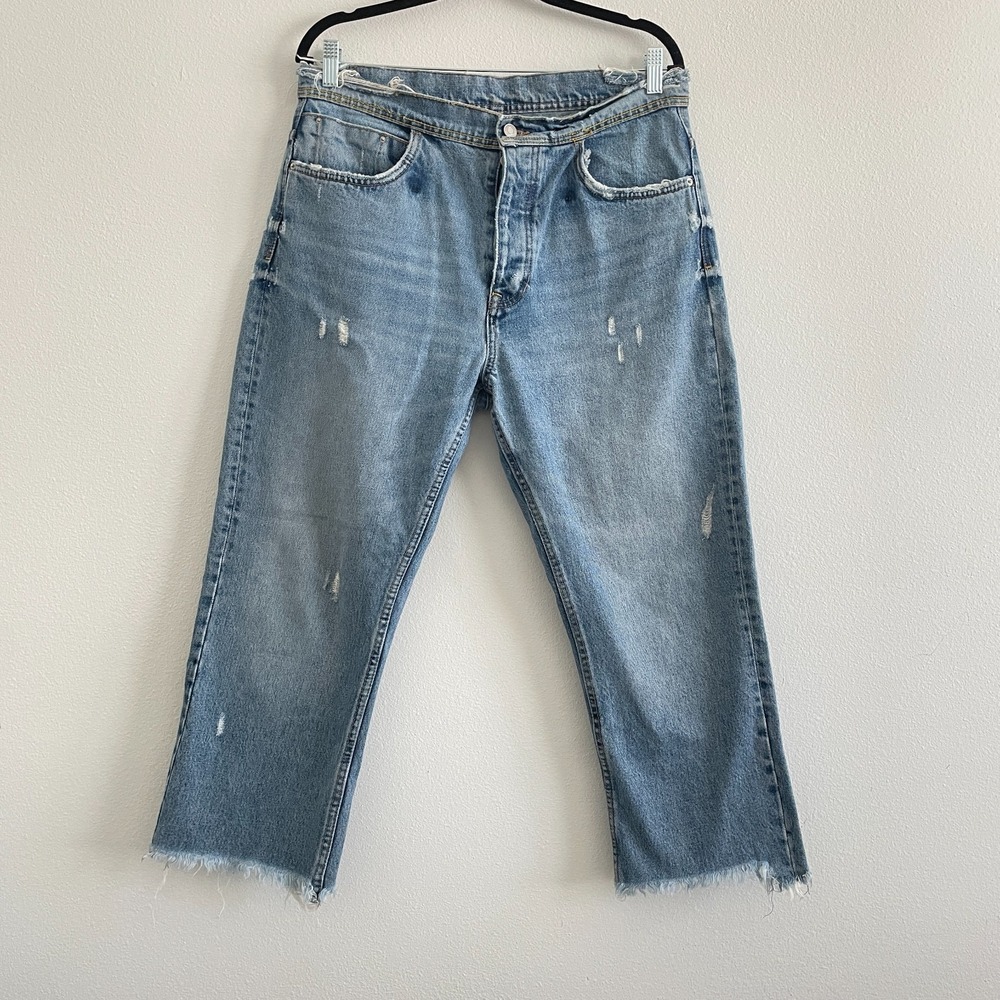 Zara Jeans Women 8 Blue Distressed Button Fly Blue Loose Baggy Casual Classic